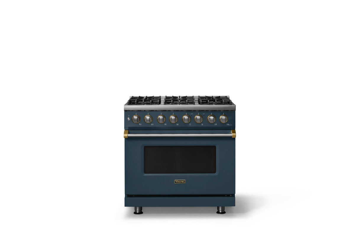 36"W. Dual Fuel Range (Burner: 6b, Finish: Squall, Trim: Brushed Brass, Fuel: Natural Gas)