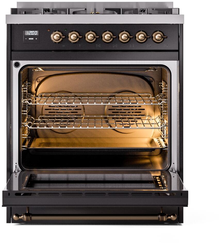 Nostalgie II 30 Inch Dual Fuel Natural Gas Freestanding Range in Glossy Black with Bronze Trim