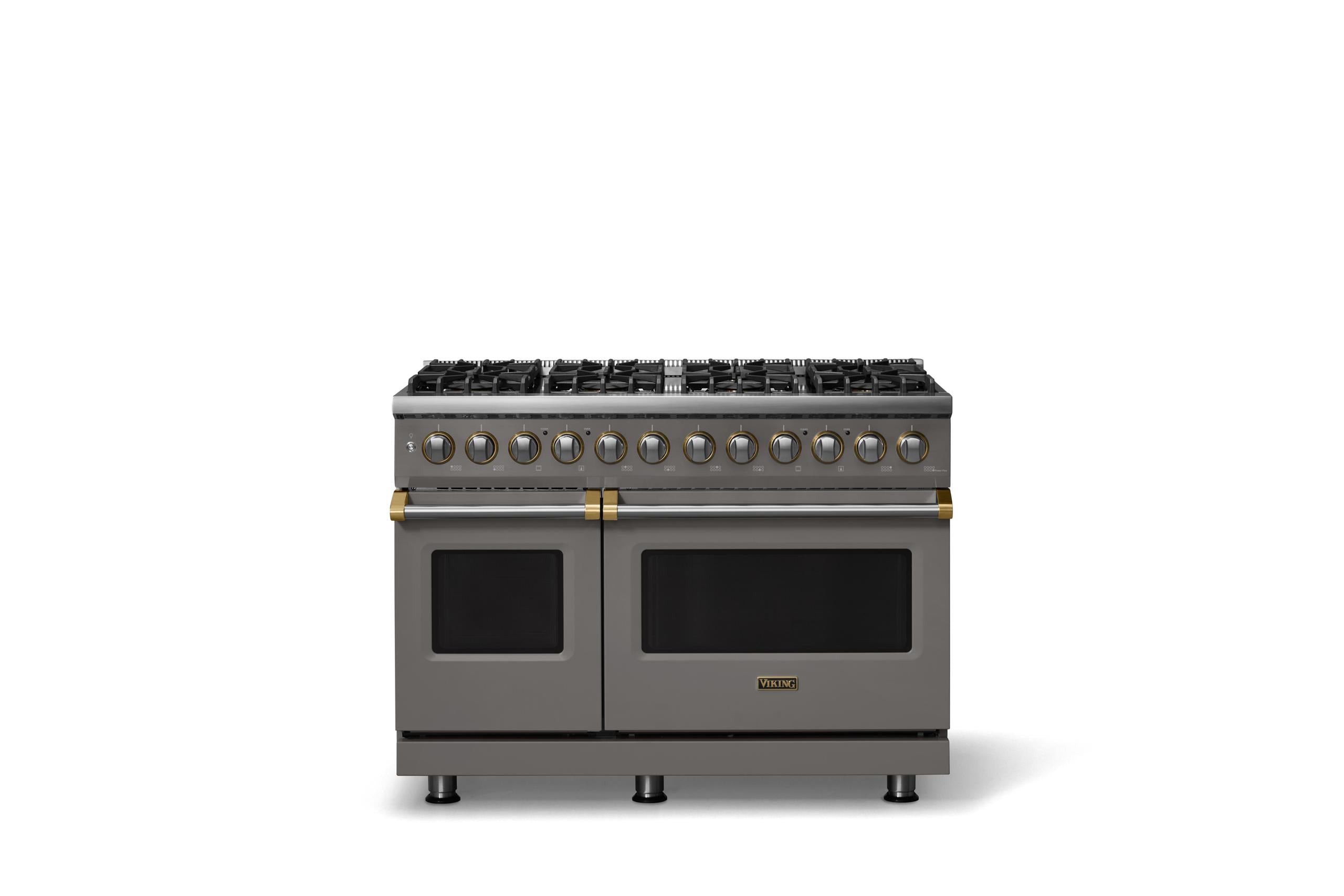 48"W. Dual Fuel Range (Burner: 8b, Finish: Damascus Gray, Trim: Brushed Brass, Fuel: Propane)