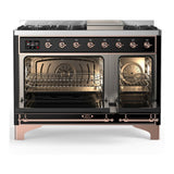 ILVE UM48FNR3BKP Majestic III 48 inch Dual Fuel Range with 8 Burners and Griddle, Dual Function Burner up to 25,000 BTU (Natural Gas, Triple Glass Door, Glossy Black, Copper)