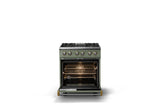 30"W. Dual Fuel Range (Finish: Eucalyptus, Trim: Brushed Brass, Fuel: Propane)