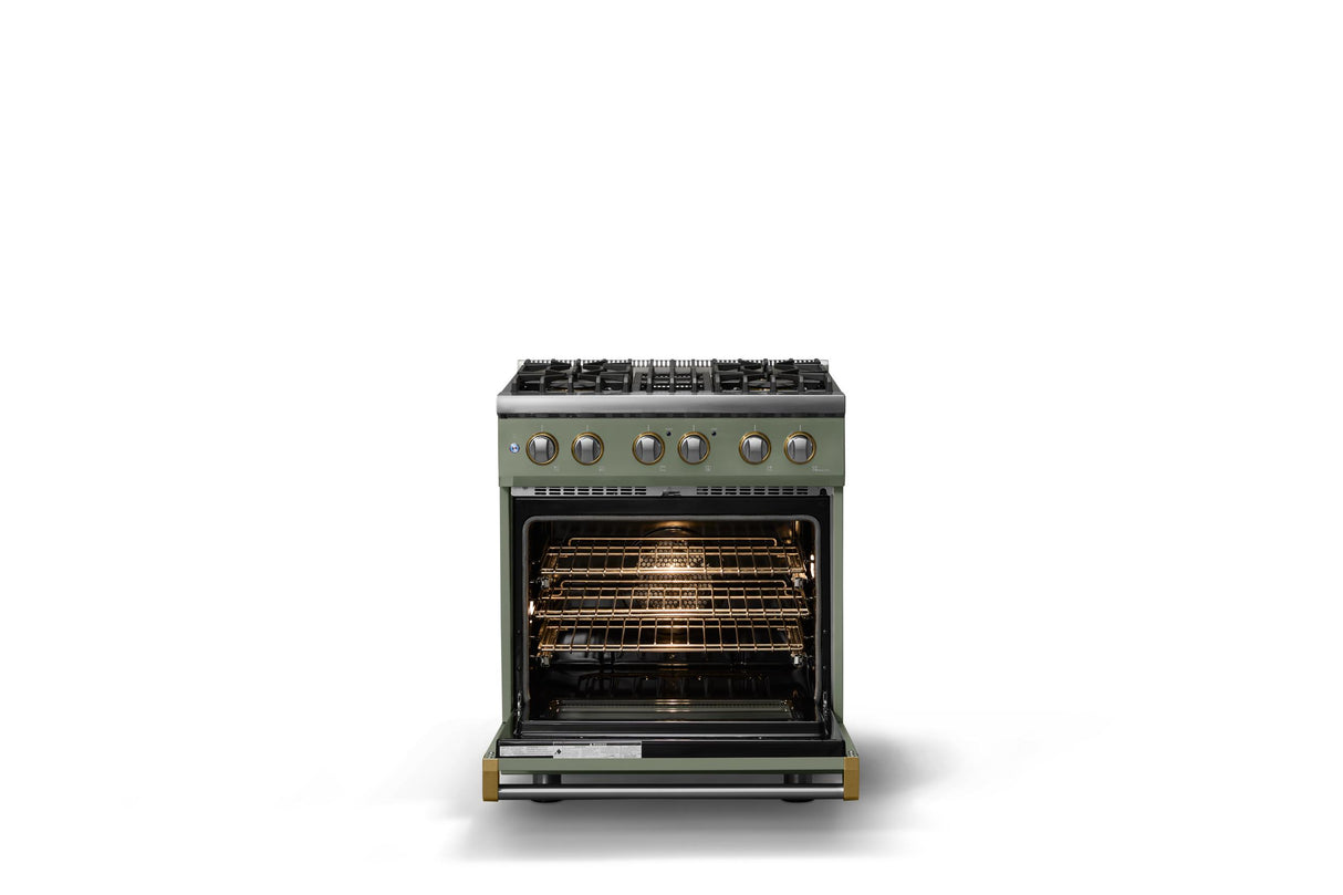 30"W. Dual Fuel Range (Finish: Eucalyptus, Trim: Brushed Brass, Fuel: Natural Gas)