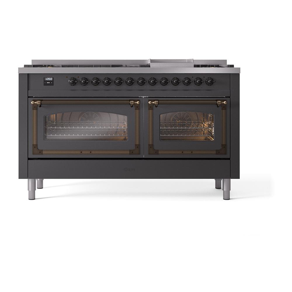 ILVE UN60FNMPMGB Nostalgie II Noblesse 60 inch Dual Fuel Range (9 Sealed Burners + Griddle, Natural Gas, Triple Glass Door, Graphite Matte, Burnished)
