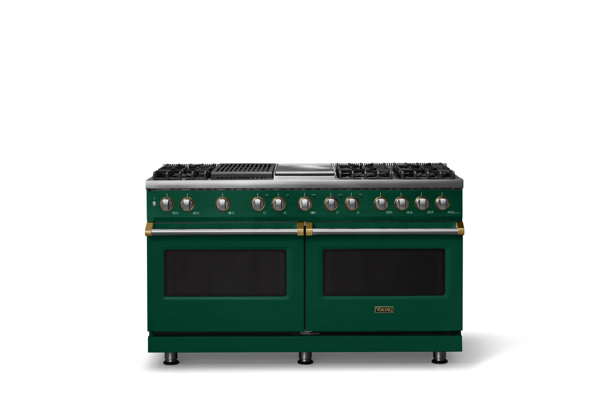 60"W.Dual Fuel Range (Finish: Ivy, Trim: Brushed Brass, Fuel: Natural Gas)