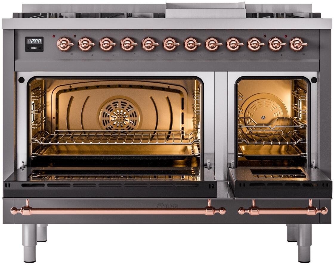 Nostalgie II 48 Inch Dual Fuel Natural Gas Freestanding Range in Matte Graphite with Copper Trim