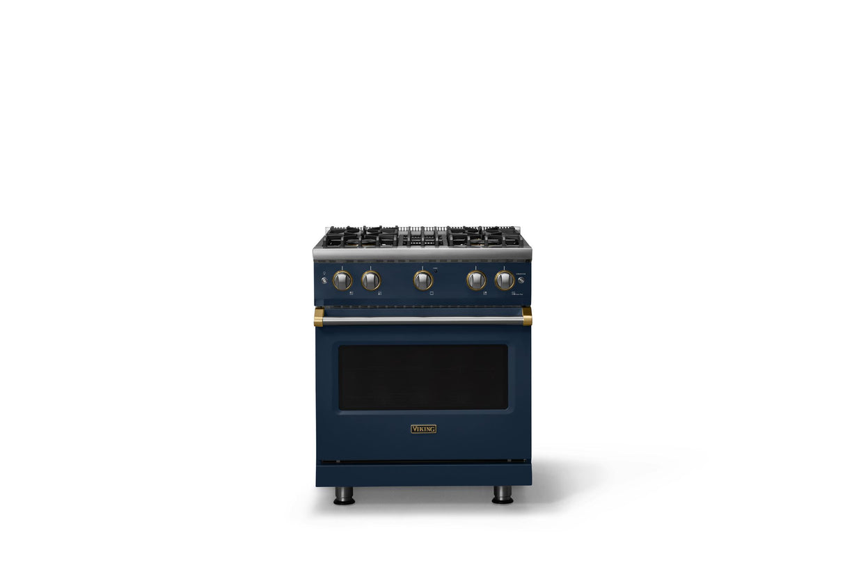 30"W. Sealed Burner Gas Range (Finish: Slate Blue, Trim: Brushed Brass, Fuel: Natural Gas)