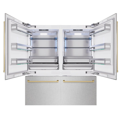 ZLINE Autograph Edition 72 in. 39.6 cu. ft. French Door Built-In Bottom Freezer Refrigerator with Water Dispensers and Ice Makers in DuraSnow' Stainless Steel and Champagne Bronze Accents (RBITZ-SN-72-CB)