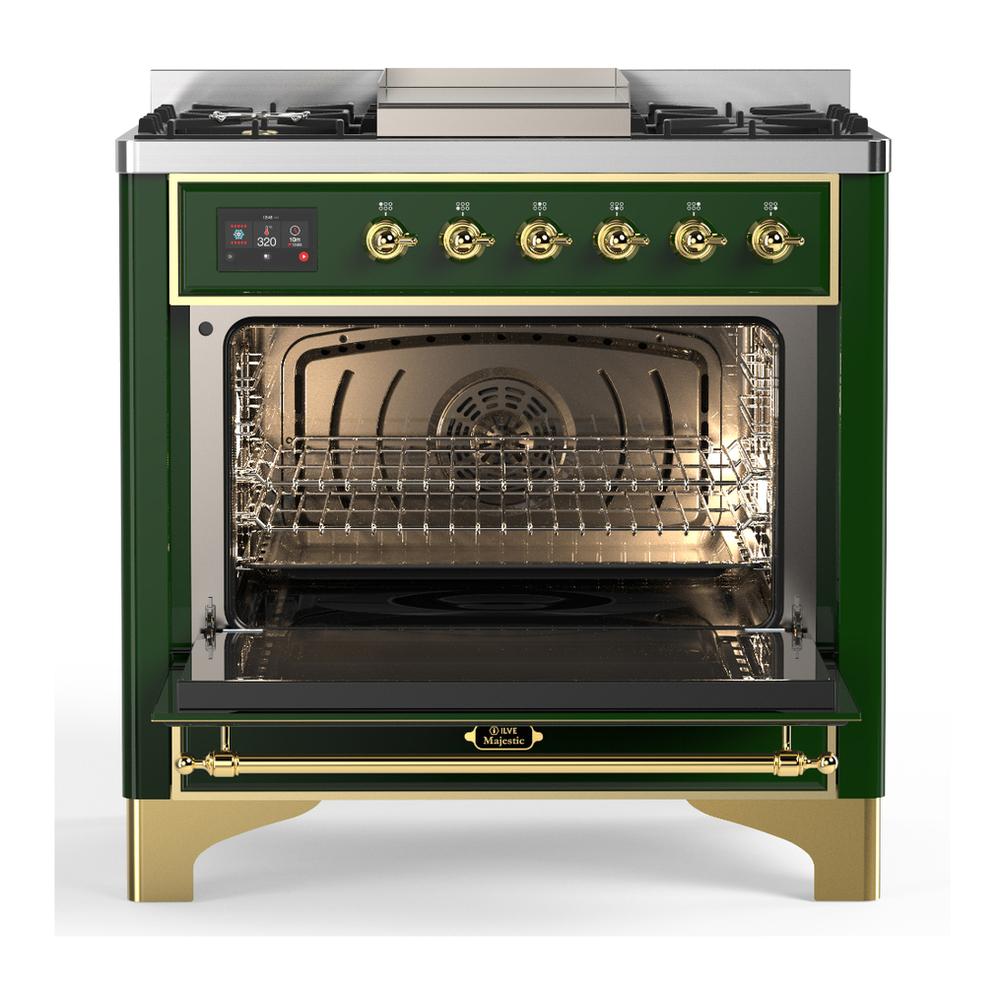 ILVE UM36FNR3EGGLP Majestic III 36 inch Dual Fuel Range with 6 Black Brass Burners and Griddle, Dual Function Burner up to 25,000 BTU (Triple Glass Door, Emerald Green, Brass, Liquid Propane)