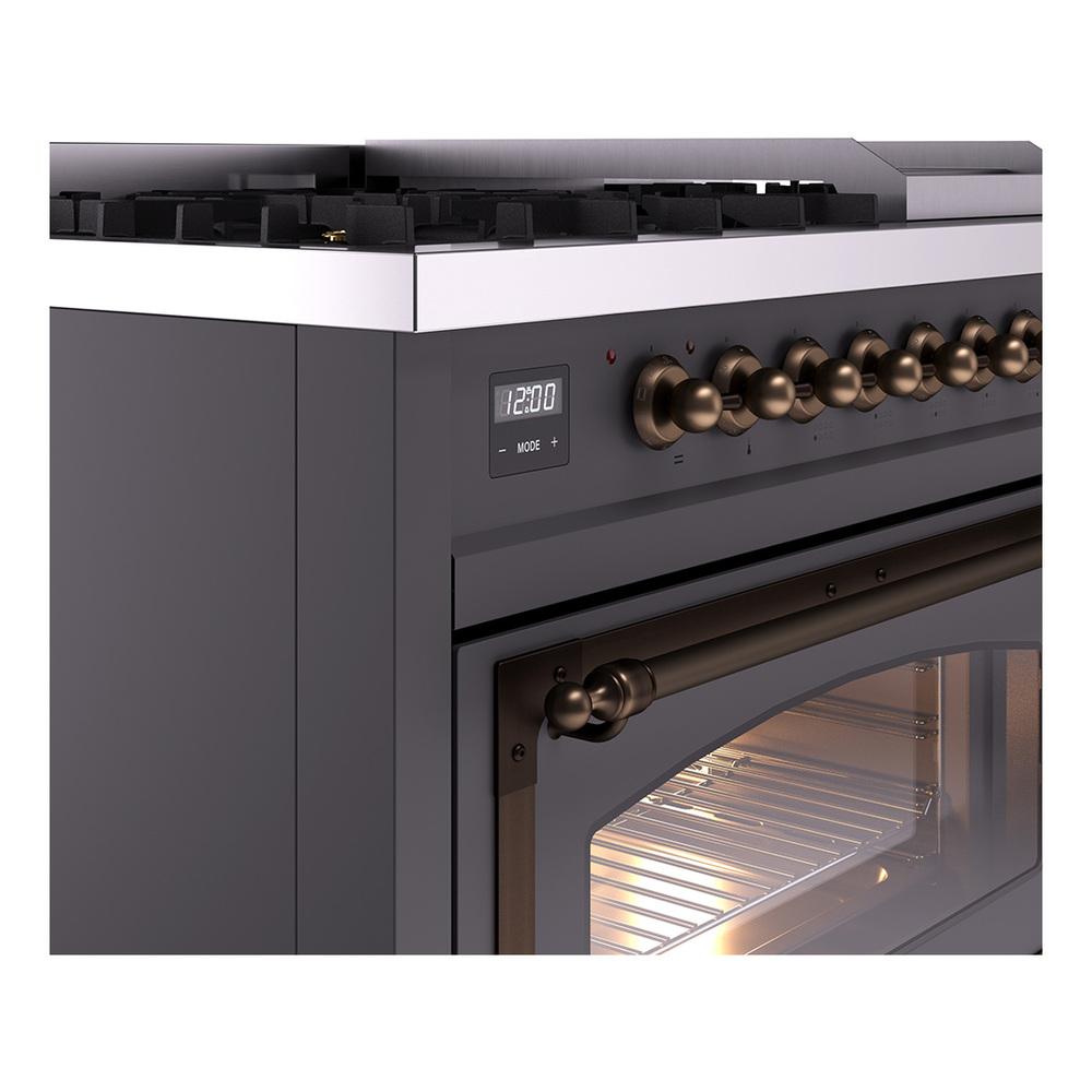ILVE UN48FNMPMGBLP Nostalgie II Noblesse 48 inch Dual Fuel Range (8 Sealed Burners + Griddle, Liquid Propane, Triple Glass Door, Graphite Matte, Burnished)