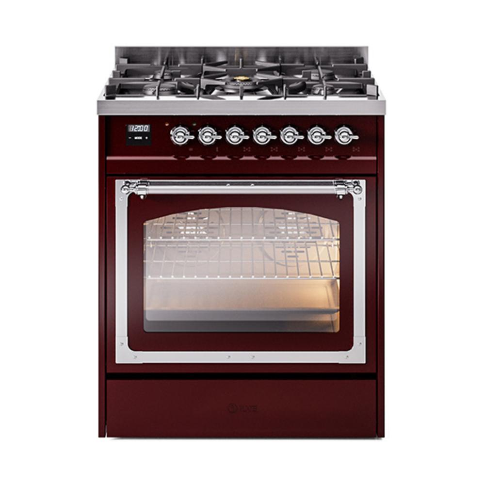ILVE UN30NMPBUC Nostalgie II Noblesse 30 inch Dual Fuel Range (Natural Gas, Triple Glass Door, Burgundy, Chrome)