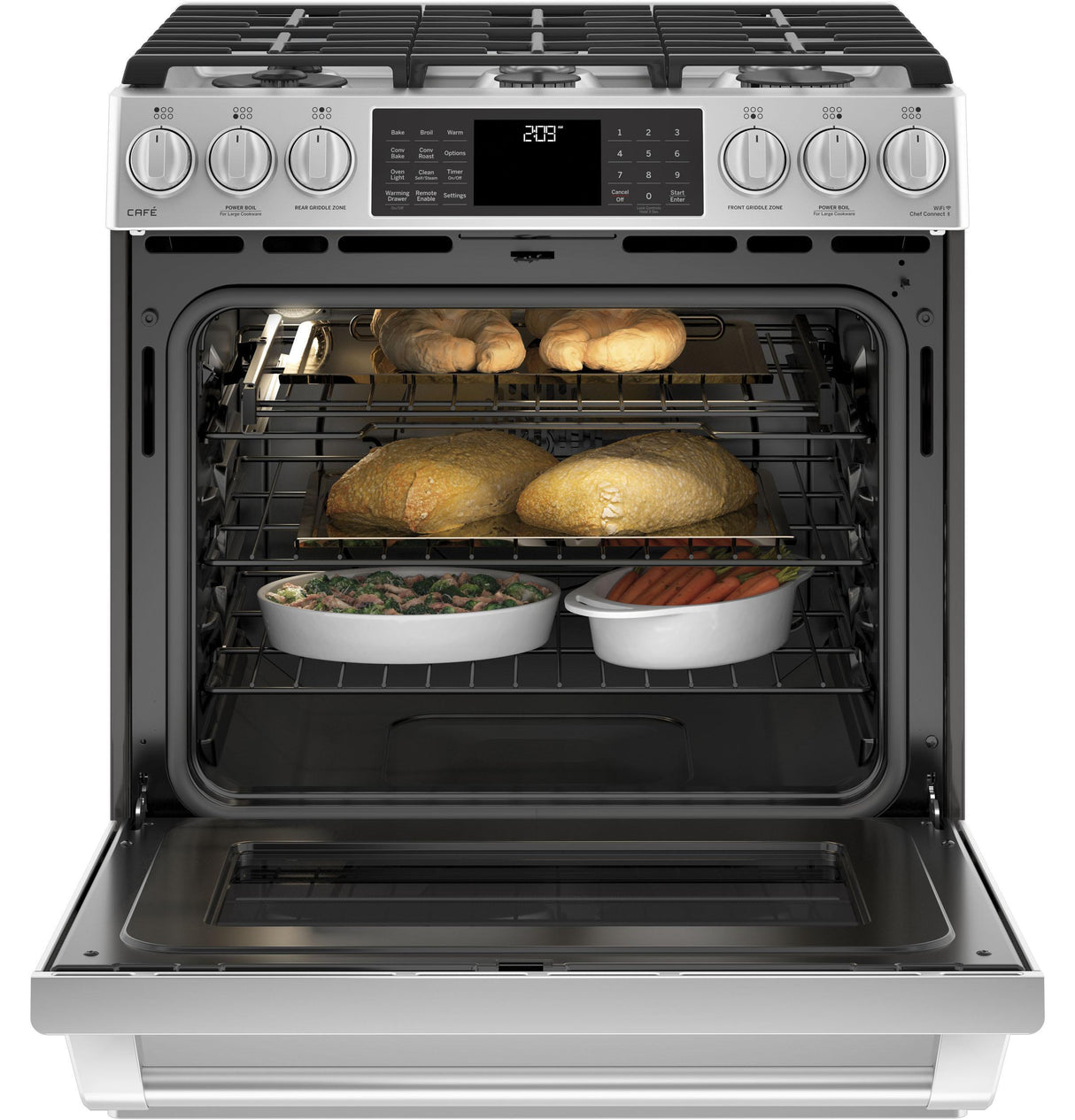 GE Cafe™ Series 30" Slide-In Front Control Dual-Fuel Range with Warming Drawer