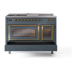 ILVE UN48FSNMPBGG Nostalgie II Noblesse 48 inch Dual Fuel Range (5 Sealed Burners + Griddle + French Top, Natural Gas, Triple Glass Door, Blue Grey, Brass)