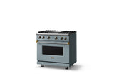 36"W. Sealed Burner Gas Range (Burner: 4g, Finish: November Sky, Trim: Brushed Brass, Fuel: Propane)