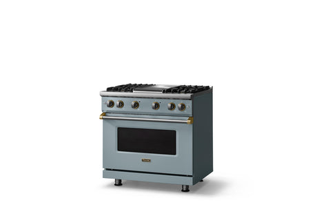 36"W. Sealed Burner Gas Range (Burner: 4g, Finish: November Sky, Trim: Brushed Brass, Fuel: Propane)