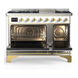 ILVE UM48FQNR3WHG Majestic III 48 inch Dual Fuel Range with 8 Burners and Griddle, Dual Function Burner up to 25,000 BTU (Natural Gas, Solid Door, White, Brass)