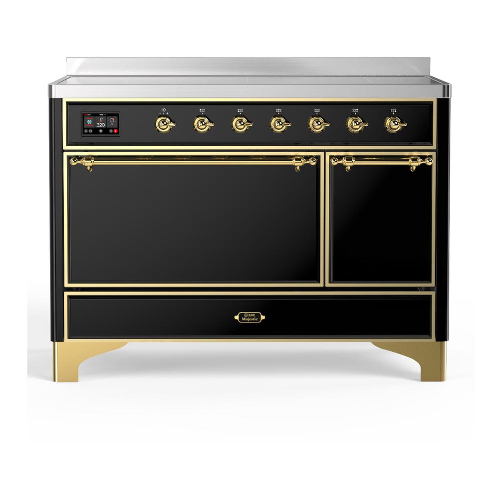 ILVE UMIB48QNR3BKG Majestic III 48 inch Induction Range with 6 Elements, 5.02 cu. ft. Total Oven Capacity (Solid Door, Glossy Black, Brass)