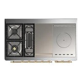 ILVE UM48FSQNR3RAGLP Majestic III 48 inch Dual Fuel Range with 5 Black Brass Burners, Griddle and French Top, Dual Function Burner up to 25,000 BTU (Liquid Propane, Solid Door, RAL, Brass)