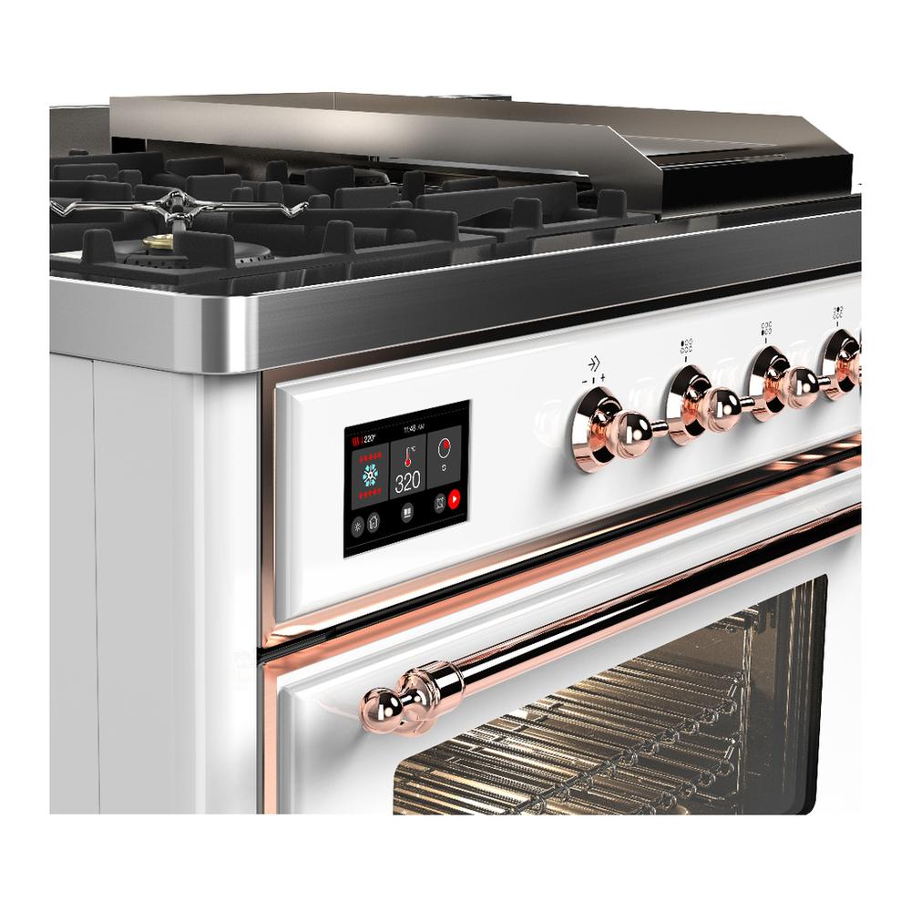 ILVE UM48FSNR3WHP Majestic III 48 inch Dual Fuel Range with 5 Black Brass Burners, Griddle and French Top, Dual Function Burner up to 25,000 BTU (Natural Gas, Triple Glass Door, White, Copper)