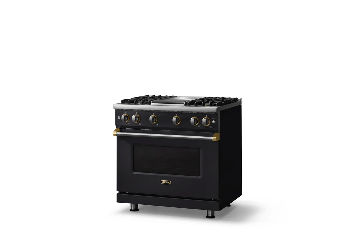 36"W. Sealed Burner Gas Range (Burner: 4g, Finish: Onyx, Trim: Brushed Brass, Fuel: Propane)