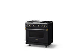 36"W. Sealed Burner Gas Range (Burner: 4g, Finish: Onyx, Trim: Brushed Brass, Fuel: Propane)