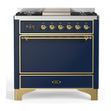 ILVE UM36FQNR3MBG Majestic III 36 inch Dual Fuel Range with 6 Black Brass Burners and Griddle, Dual Function Burner up to 25,000 BTU (Solid Door, Midnight Blue, Brass, Natural Gas)