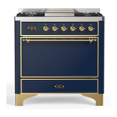 ILVE UM36FQNR3MBG Majestic III 36 inch Dual Fuel Range with 6 Black Brass Burners and Griddle, Dual Function Burner up to 25,000 BTU (Solid Door, Midnight Blue, Brass, Natural Gas)
