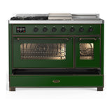 ILVE UM48FSNR3EGB Majestic III 48 inch Dual Fuel Range with 5 Black Brass Burners, Griddle and French Top, Dual Function Burner up to 25,000 BTU (Natural Gas, Triple Glass Door, Emerald Green, Burnished)