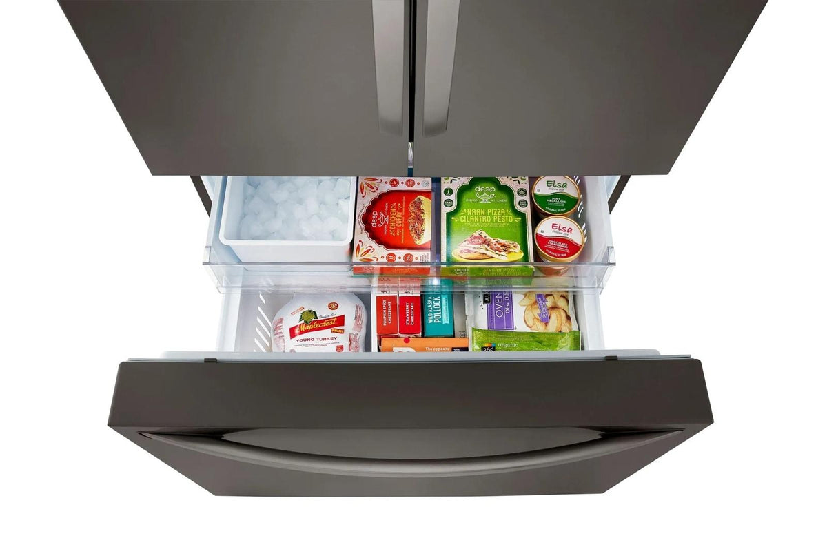 36" Wide, 27 cu ft. 3 Door French Door, C/Depth Refrigerator with Internal Water Dispenser, PrintProof Black Stainless Steel
