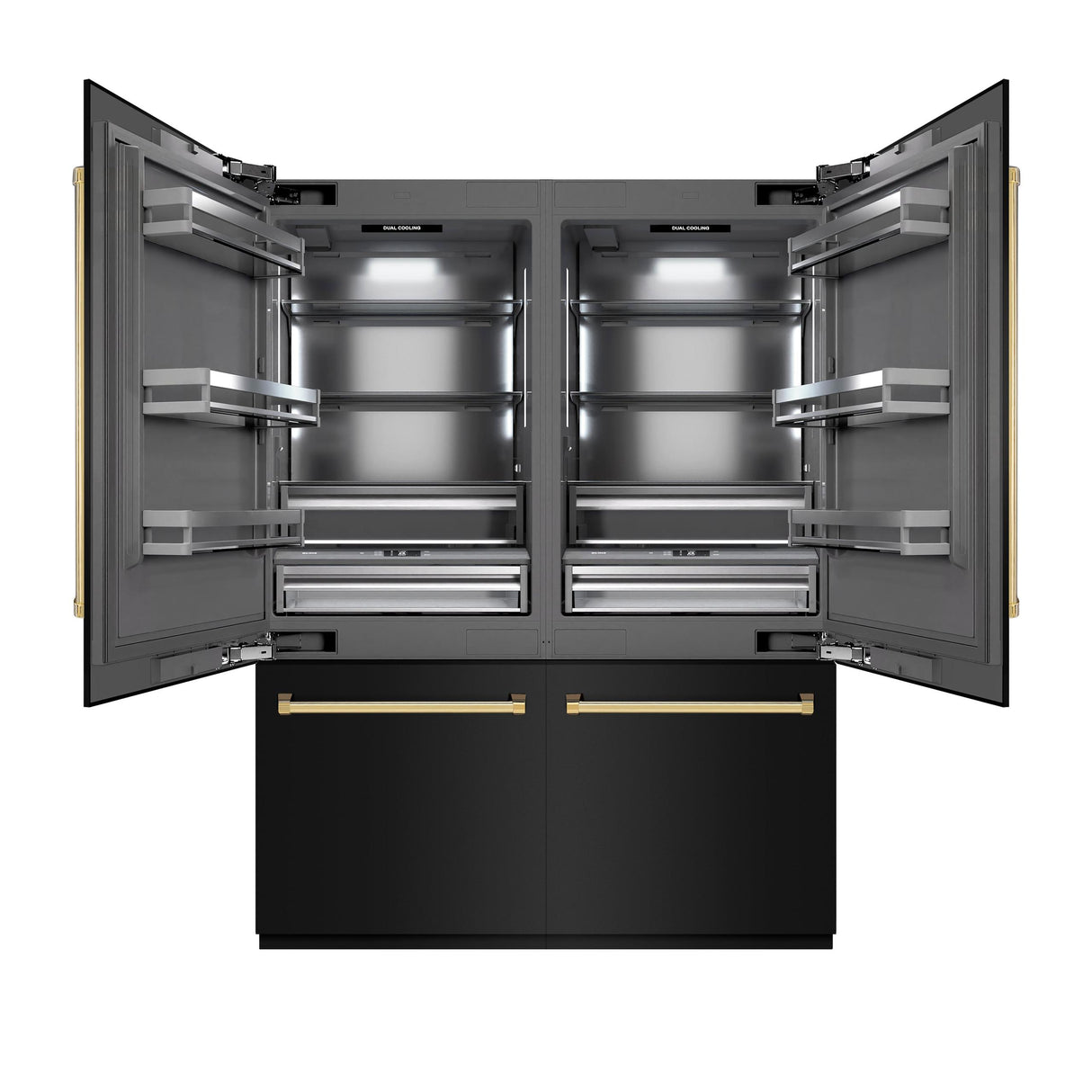 ZLINE Autograph Edition 60 in. 32.2 cu. ft. French Door Built-In Bottom Freezer Refrigerator with Water Dispenser and Ice Maker in Black Stainless Steel with Graphite Gray Interior and Polished Gold Accents (GRBIVZ-BS-60-G)
