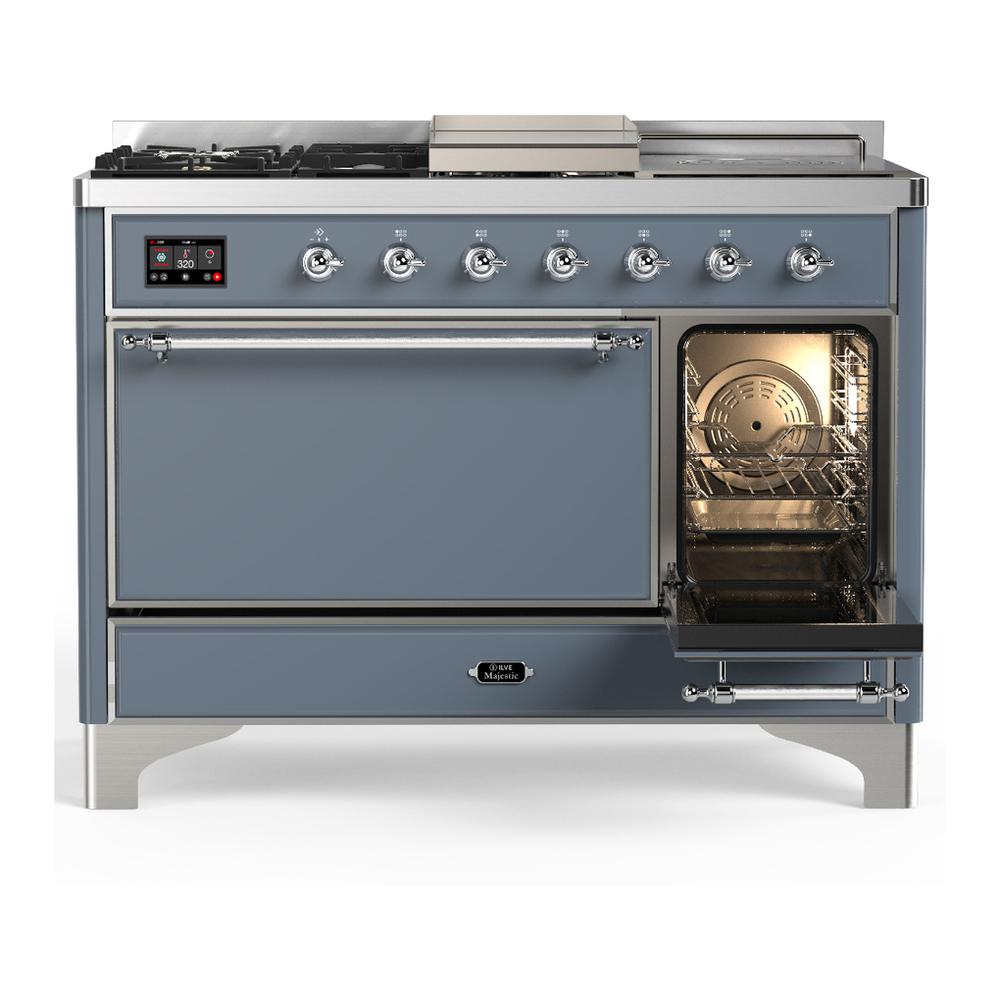 ILVE UM48FSQNR3BGCLP Majestic III 48 inch Dual Fuel Range with 5 Black Brass Burners, Griddle and French Top, Dual Function Burner up to 25,000 BTU (Liquid Propane, Solid Door, Blue Grey, Chrome)