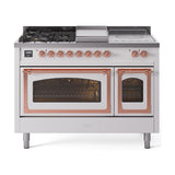 ILVE UN48FSNMPWHP Nostalgie II Noblesse 48 inch Dual Fuel Range (5 Sealed Burners + Griddle + French Top, Natural Gas, Triple Glass Door, White, Copper)