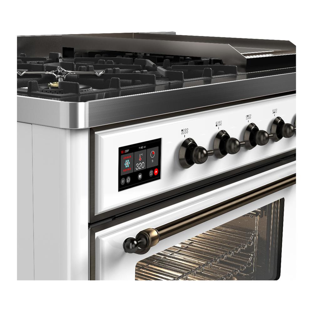 ILVE UM48FNR3WHBLP Majestic III 48 inch Dual Fuel Range with 8 Burners and Griddle, Dual Function Burner up to 25,000 BTU (Liquid Propane, Triple Glass Door, White, Burnished)