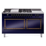 ILVE UN60FSQNMPMBBLP Nostalgie II Noblesse 60 inch Dual Fuel Range (7 Sealed Burners + Griddle + French Top, Liquid Propane, Solid Door, Midnight Blue, Burnished)