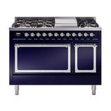 ILVE UN48FQNMPMBC Nostalgie II Noblesse 48 inch Dual Fuel Range (8 Sealed Burners + Griddle, Natural Gas, Solid Door, Midnight Blue, Chrome)