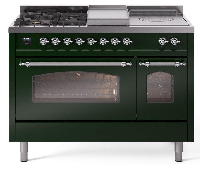 Nostalgie II 48 Inch Dual Fuel Liquid Propane Freestanding Range in Emerald Green with Chrome Trim