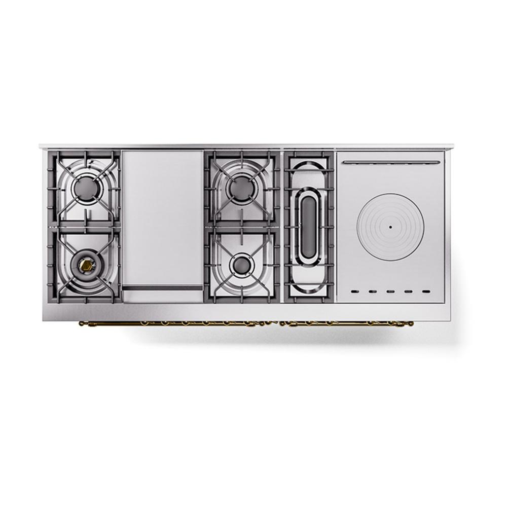 ILVE UN60FSQNMPSSG Nostalgie II Noblesse 60 inch Dual Fuel Range (7 Sealed Burners + Griddle + French Top, Natural Gas, Solid Door, Stainless Steel, Brass)