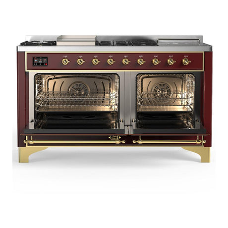 ILVE UM60FSQNR3BUGLP Majestic III 60 inch Dual Fuel Range with 7 Burners, Griddle and French Top, Dual Function Burner with up to 25,000 BTU (Liquid Propane, Solid Door, Burgundy, Brass)