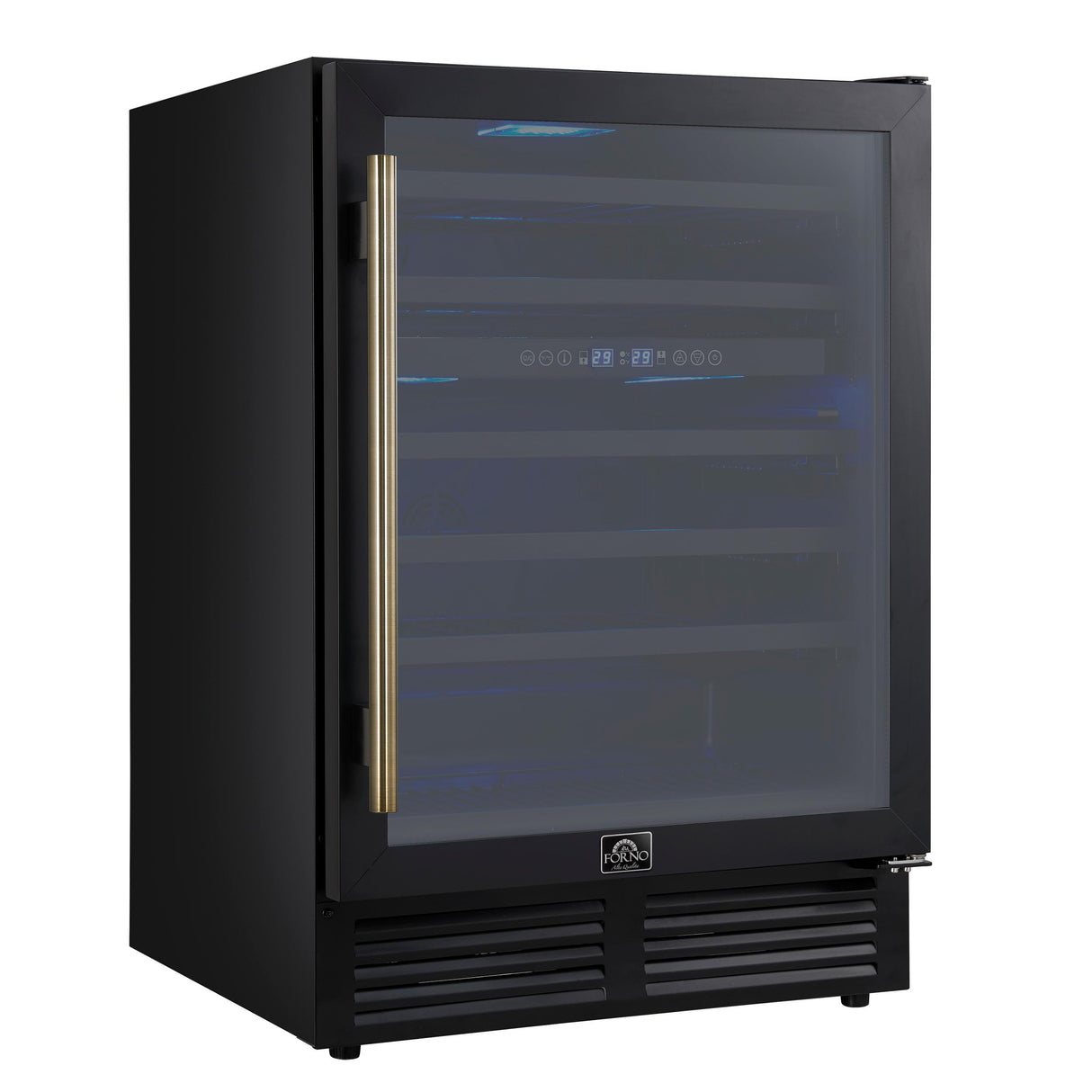 Forno Bacchino 24 Inch Wine Cooler, Black with Antique Brass Handles, with LED Lighting, Triple Glass Door, 51 Bottle Capacity, Built-In or Freestanding