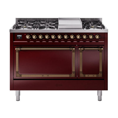ILVE UN48FQNMPBUB Nostalgie II Noblesse 48 inch Dual Fuel Range (8 Sealed Burners + Griddle, Natural Gas, Solid Door, Burgundy, Burnished)