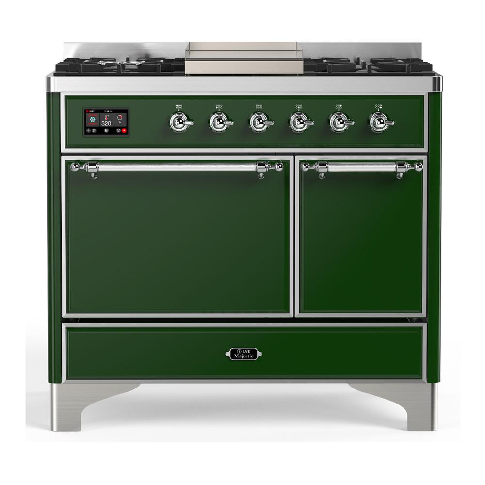 ILVE UMD40FQNR3EGC Majestic III 40 inch Dual Fuel Range with 6 Burners and Griddle, Dual Function Burner up to 25,000 BTU (Natural Gas, Solid Door, Emerald Green, Chrome)