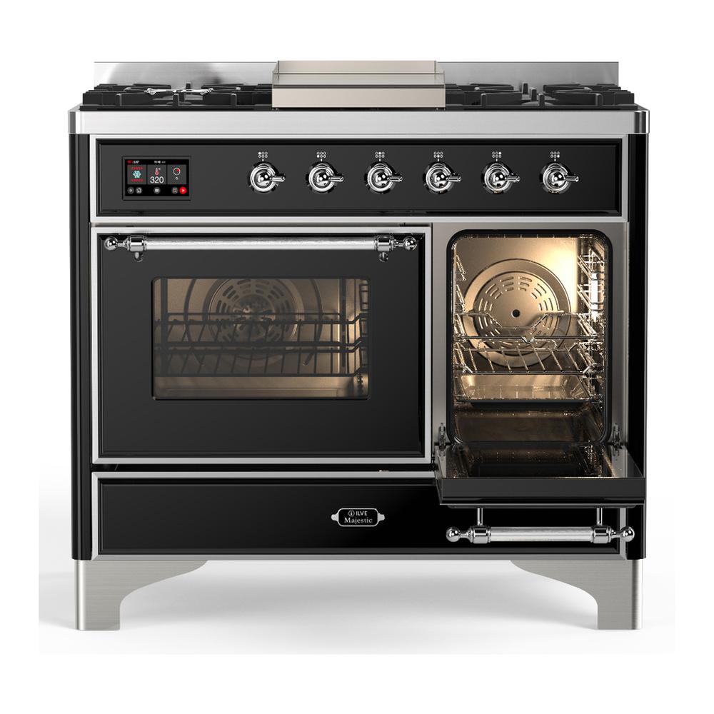 ILVE UMD40FNR3BKCLP Majestic III 40 inch Dual Fuel Range with 6 Burners and Griddle, Dual Function Burner up to 25,000 BTU (Liquid Propane, Triple Glass Door, Glossy Black, Chrome)