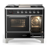 ILVE UMD40FNR3BKCLP Majestic III 40 inch Dual Fuel Range with 6 Burners and Griddle, Dual Function Burner up to 25,000 BTU (Liquid Propane, Triple Glass Door, Glossy Black, Chrome)
