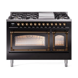 ILVE UN48FNMPBKB Nostalgie II Noblesse 48 inch Dual Fuel Range (8 Sealed Burners + Griddle, Natural Gas, Triple Glass Door, Glossy Black, Burnished)