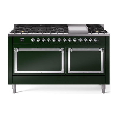 ILVE UN60FQNMPEGC Nostalgie II Noblesse 60 inch Dual Fuel Range (9 Sealed Burners + Griddle, Natural Gas, Solid Door, Emerald Green, Chrome)