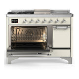 ILVE UM48FSQNR3AWCLP Majestic III 48 inch Dual Fuel Range with 5 Black Brass Burners, Griddle and French Top, Dual Function Burner up to 25,000 BTU (Liquid Propane, Solid Door, Antique White, Chrome)