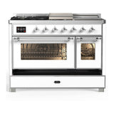 ILVE UM48FSNR3WHCLP Majestic III 48 inch Dual Fuel Range with 5 Black Brass Burners, Griddle and French Top, Dual Function Burner up to 25,000 BTU (Liquid Propane, Triple Glass Door, White, Chrome)