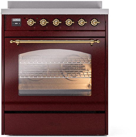 Nostalgie II 30 Inch Electric Freestanding Range in Burgundy with Brass Trim