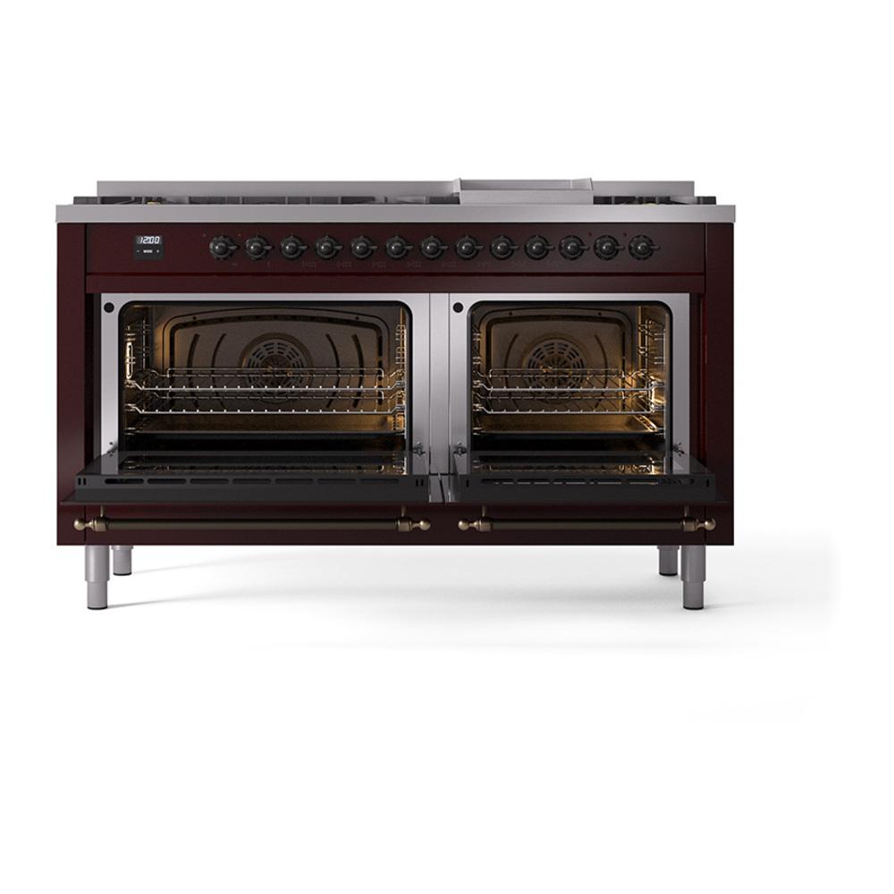 ILVE UN60FQNMPBUBLP Nostalgie II Noblesse 60 inch Dual Fuel Range (9 Sealed Burners + Griddle, Liquid Propane, Solid Door, Burgundy, Burnished)
