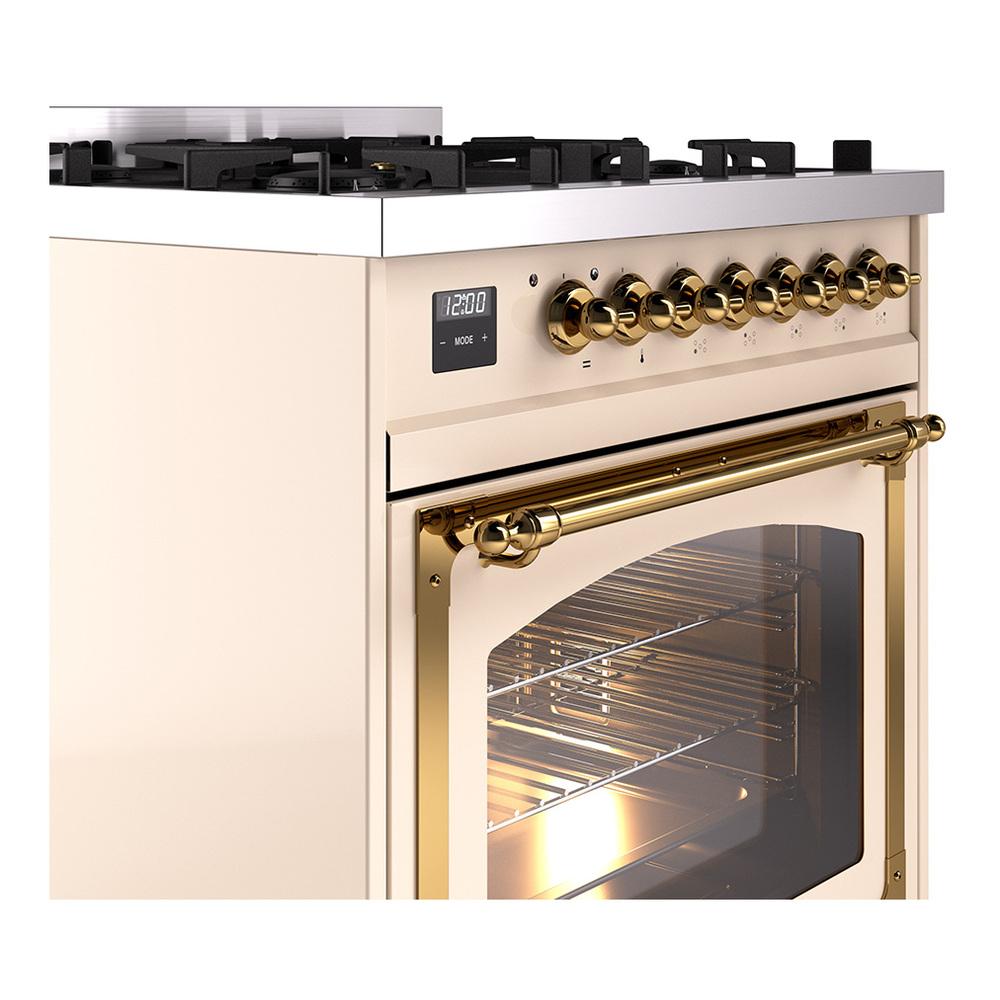 ILVE UN30NMPAWG Nostalgie II Noblesse 30 inch Dual Fuel Range (Natural Gas, Triple Glass Door, Antique White, Brass)