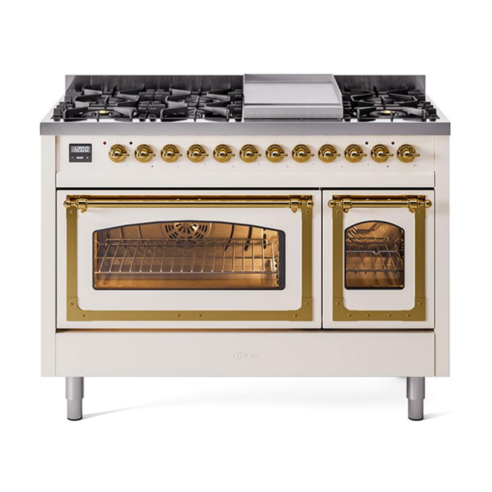ILVE UN48FNMPAWG Nostalgie II Noblesse 48 inch Dual Fuel Range (8 Sealed Burners + Griddle, Natural Gas, Triple Glass Door, Antique White, Brass)